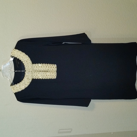 Worth Dresses & Skirts - Worth Navy Stretch Crepe Embellished Pearl Dress